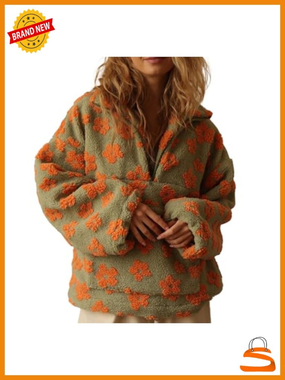 Womens Sherpa Fleece Half Zip Floral Pullover Sweatshirt Oversize Y2K Fuzzy
